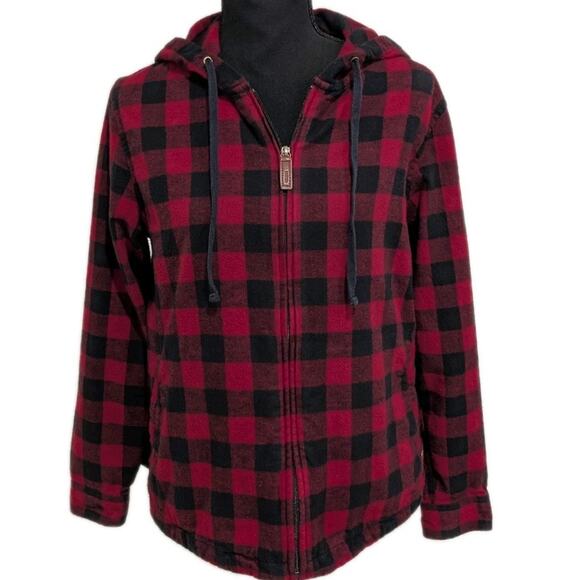 L.L. Bean Women's Red Black Buffalo Plaid Flannel Hoodie Jacket M Petite Relaxed - Picture 1 of 12